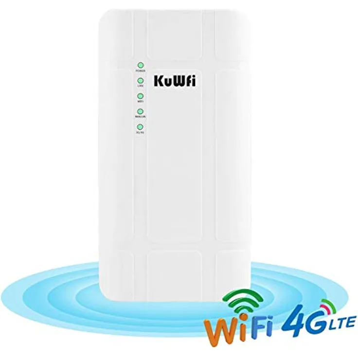 KuWFi 4G SIM Router, KuWFi 300 Mbps 4G LTE CPE Router mit POE Adapter Outdoor LTE Router CAT4 mit SIM Card Slot Wasserdicht WiFi Router für IP Kamera/Outside WiFi Coverage