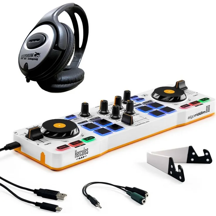 HERCULES DJ Control Mix, kabelloser DJ Controller für Android/iOS mit 2 Jog Wheels, Fader und keepdrum Kopfhörer