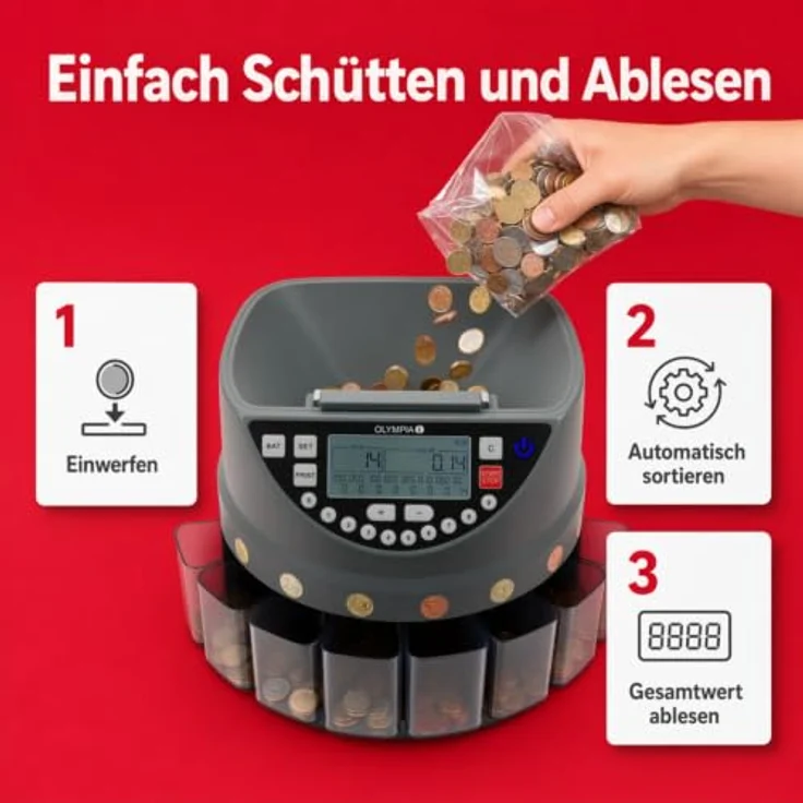 OLYMPIA Münzzähl- und Sortiermaschine CC 300, 600 Münzen in EUR, bis zu 270 Münzen pro Minute, LED-Display und Kundendisplay – Bild 5