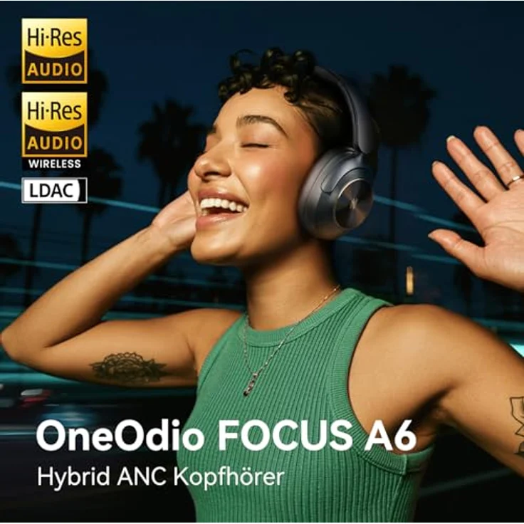 OneOdio Focus A6, Hybrid Active Noise Cancelling Kopfhörer mit 75h Spielzeit, LDAC Hi-Res Sound, Bluetooth 6.0, App-Steuerung und Dual-Mikrofon, kabellose Over-Ear-Kopfhörer für Reisen – Bild 2