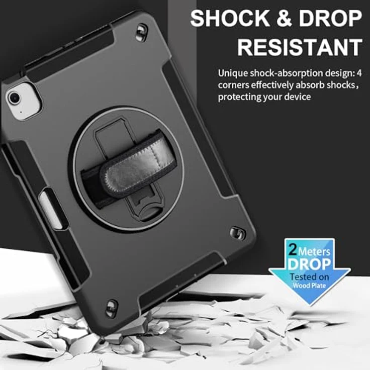 honju Rugged Case für iPad Air 11" (2026/2025) & 10,9" (2022/2020), robuste Schutzhülle mit drehbarer Handschlaufe, Kickstand und MIL-STD-810G Zertifizierung, Schwarz – Bild 4