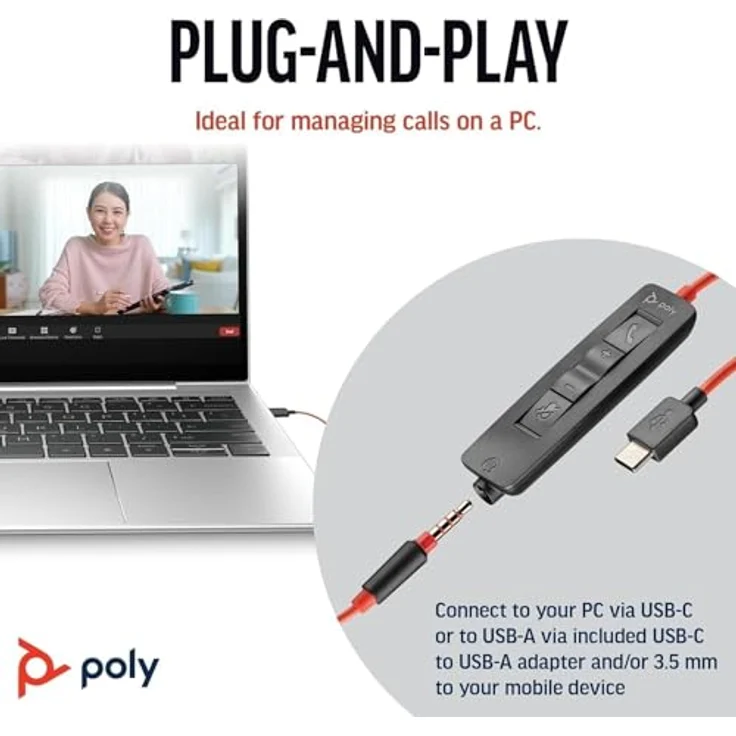 Poly Blackwire 3325, Schnurgebundenes Headset mit flexiblem Mikrofonarm, Hi-Fi-Stereo, USB-C/USB-A/3,5 mm, kompatibel mit Teams und Zoom – Bild 2