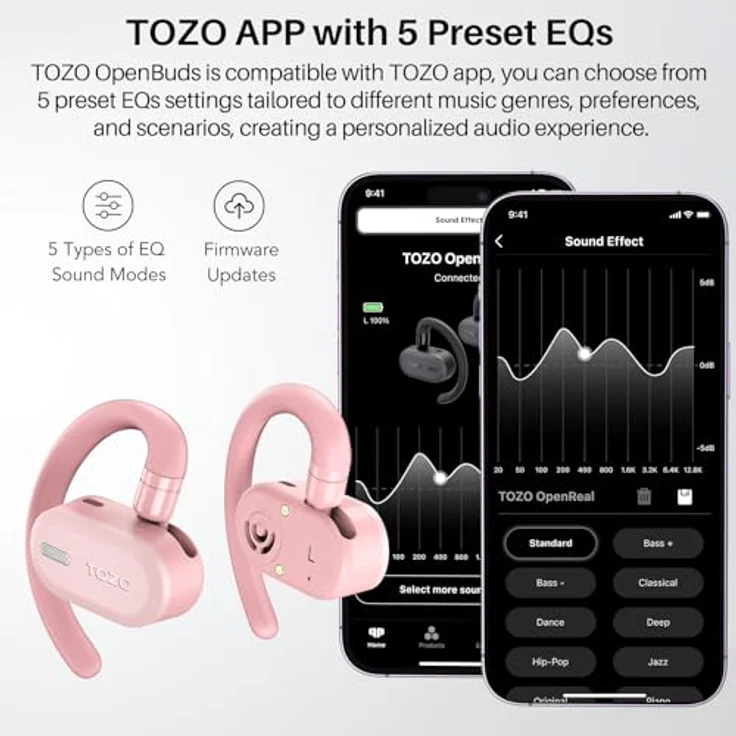 TOZO Open Buds Leichte Bluetooth Kopfhörer Kabellos 5.3 mit Mehrwinkelverstellung, Offenes Ohrdesign für langanhaltenden Komfort, Kristallklare Anrufe während der Fahrt, Rosa – Bild 5
