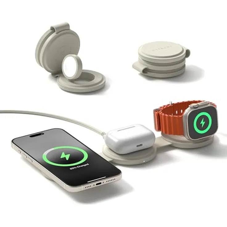 SATECHI OntheGo™ 3-in-1-Wireless-Ladegerät, tragbares Qi2-Ladegerät mit 15 W Schnellladung für iPhone 17 bis 12, 5 W für Apple Watch und 5 W für AirPods, magnetische Reiseladestation – Sand/Beige