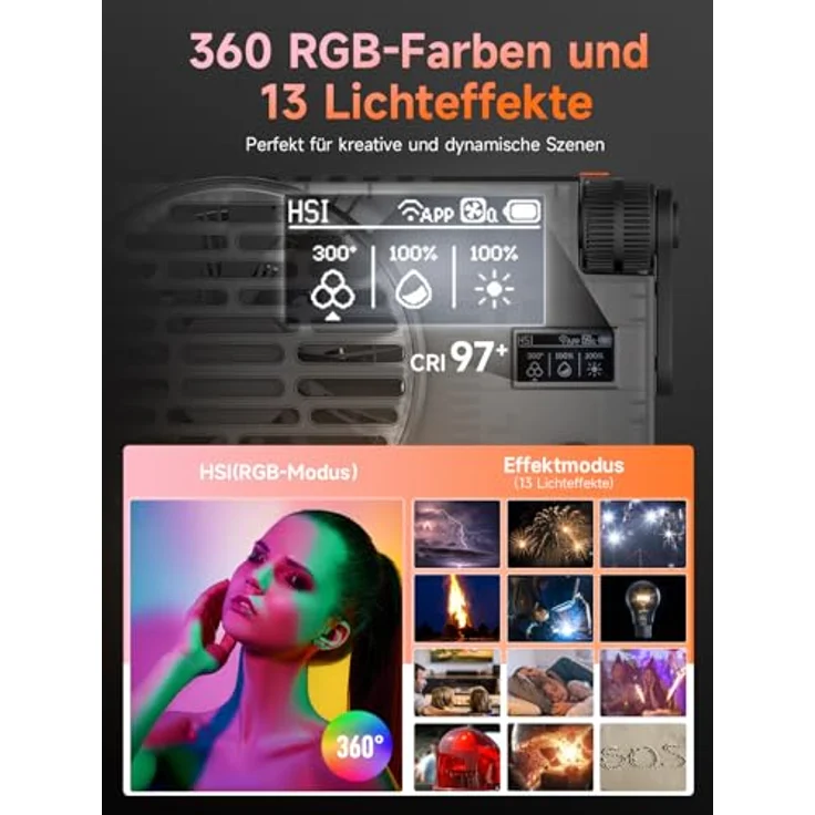 Rollei LUX 100 RGB Kit, Professionelles LED-Dauerlicht mit 71 Wh Batteriegriff, 360 RGB-Farben, 13 Lichteffekten, kabellose Steuerung via App, ultra leicht und kompakt – Bild 3