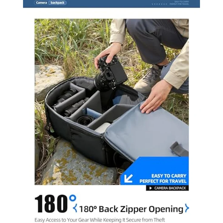 llano Kamerarucksack 20L, Wasserfeste Fototasche für DSLR/SLR mit Laptopfach und Stativhalter, Schwarz – Bild 2