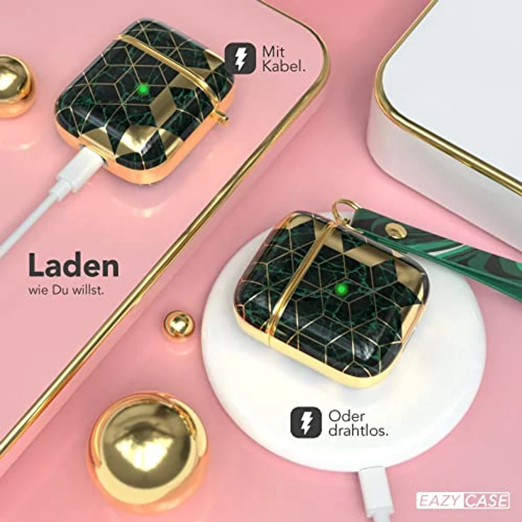 EAZY CASE Kopfhörer-Schutzhülle IMD Motiv Case für Apple AirPods 1 & 2, Stoßfest, Grün / Gold – Bild 5