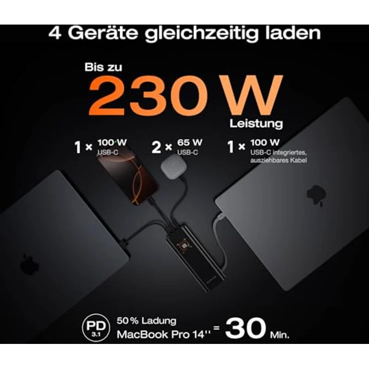 EF ECOFLOW RAPID Pro Powerbank 20000 mAh, 230W Max. Ausgang, 100W-Kabel, 4-Anschluss tragbares Ladegerät, ultr schnelles Laden für iPhone 16/15, Samsung, MacBook, DJI (Ladestation nicht enthalten) – Bild 2
