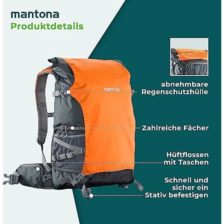 Mantona ElementsPro 50 Outdoor und Kamerarucksack (geeignet für 1 bis 2 Kameras, 4 bis 5 Objektive, Netzteil und Zubehör, Laptop-Fach bis 15 Zoll, aus praktischem Nylon mit Regenschutz) grau-orange – Bild 2