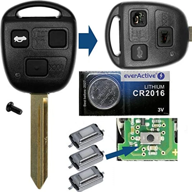 mt-key Auto Schlüssel 3 Tasten Set, TOY47 Gehäuse mit CR2016 Knopfzelle für Toyota Yaris, Corolla E12, Avensis, mit Tastenfeld und Mikroschaltern – Bild 3