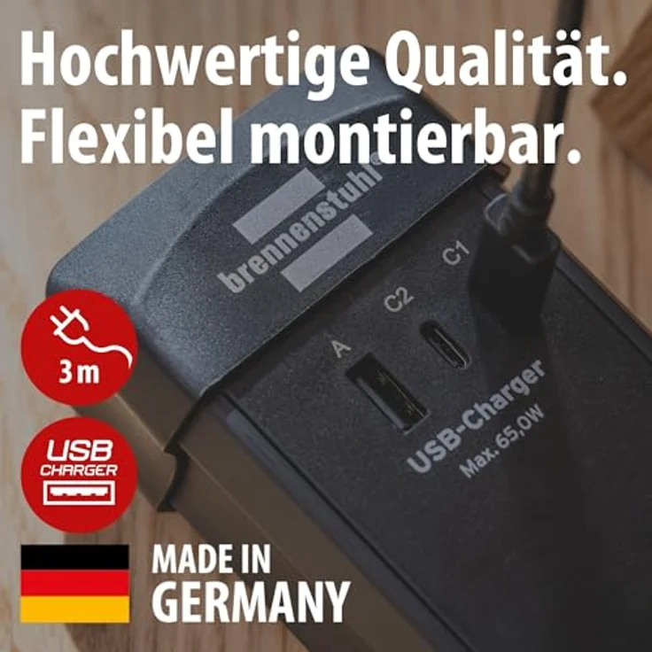 Brennenstuhl Premium-Line 1951160613 Steckdosenleiste Schwarz, 6-fach mit 3m Kabel, 3 USB-Ladebuchsen (2x USB C 65W, 1x USB A 18W), Schutzkontakt-Steckdosen, Sicherheitsschalter – Bild 3
