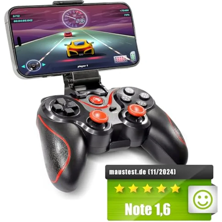 Eaxus X3 Wireless Controller, Bluetooth 5.0 Gamepad für PS3, Android, PC & Amazon Fire, Schwarz mit roten Highlights, 20 Stunden Akkulaufzeit – Bild 1