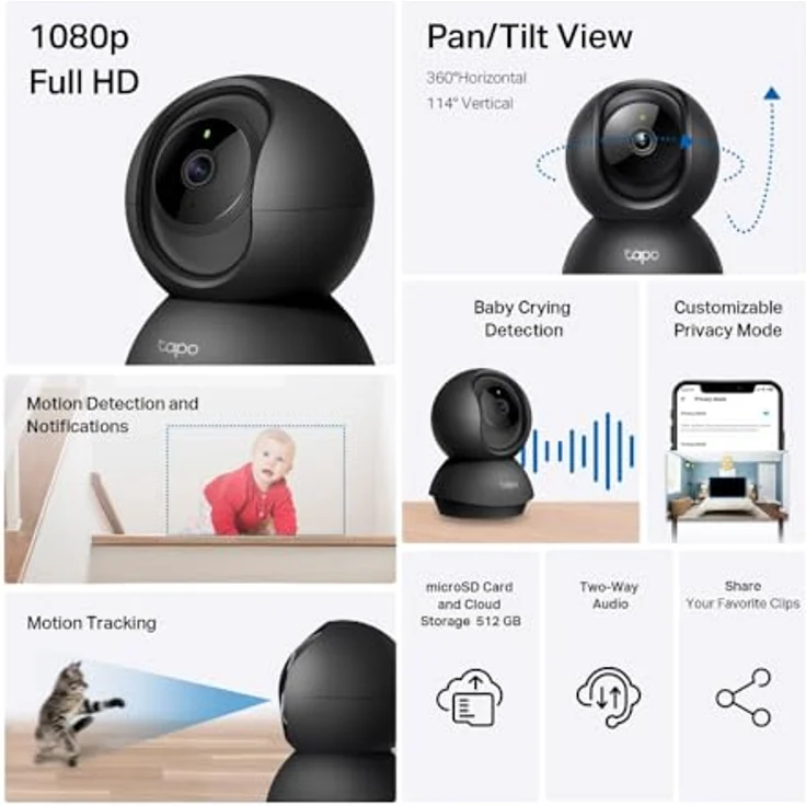 Tapo C201 360° WLAN-Überwachungskamera für Innenräume, 1080P, Nachtsicht, Bewegungserkennung, Zwei-Wege-Audio, kompatibel mit Alexa & Google Assistant, für Babys/Haustiere – Bild 2
