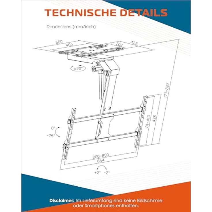 Xantron DEHA-800EXL-Roto, Elektrische motorisierte WiFi Deckenhalterung, klappbar und drehbar für TV Monitore 43 - 86", mattschwarz, VESA-kompatibel – Bild 6