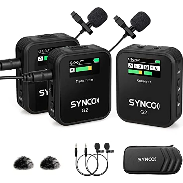 SYNCO Lavalier Wireless-Mikrofon, G2 A2, Doppel-Clip, kabellos, 2,4 GHz, Übertragung 100 m für Kamera Reflex Camcorder Smartphone, Radio-Mikrofon, Lavalier-Wireless-Professionell – Bild 1