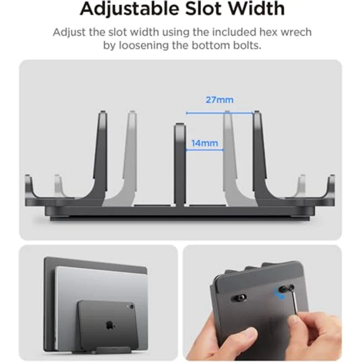 Spigen Vertikaler Laptop Ständer [4 in 1], Premium-Aluminium Organizer mit verstellbaren Slots, Silikonschutz, kompatibel mit MacBook Pro Air Mini Neo, iPad, iPhone 17 16 15, Galaxy, Pixel, Space Grau – Bild 4