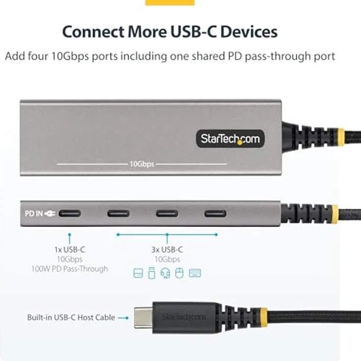 StarTech.com 4-Port USB 3.2 Hub, 10 Gbps, 100 W PD Ladestation mit Überstromschutz, Aluminium, Grau – Bild 3