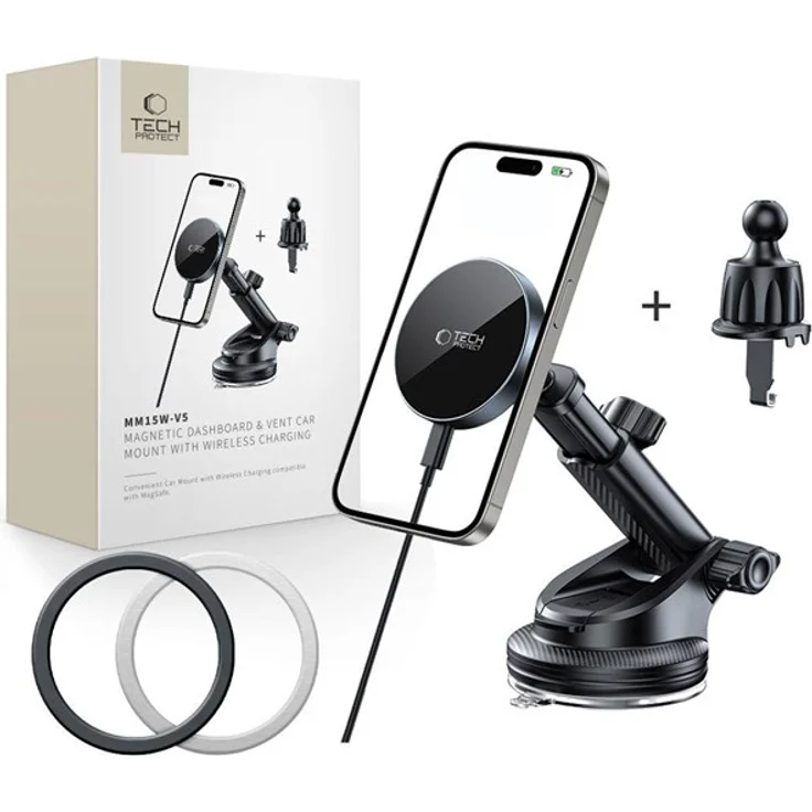 Tech-Protect mm15W-V5, Magnetic MagSafe Car Mount mit 15W Wireless Charger, 360° drehbar, für Cockpit/Windshield/Air Vent, Schwarz