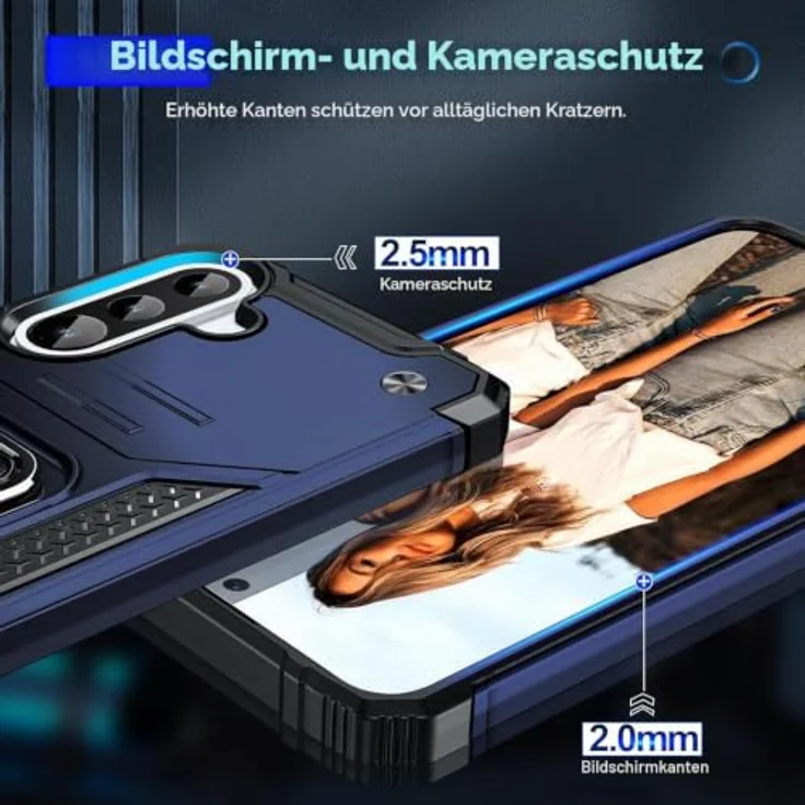 LeYi Handyhülle für Samsung Galaxy A36 5G, Militärische Schutzhülle mit 2 Schutzfolien, 360° Metall Ring Halter, Stoßfestes Hardcase, Blau – Bild 4