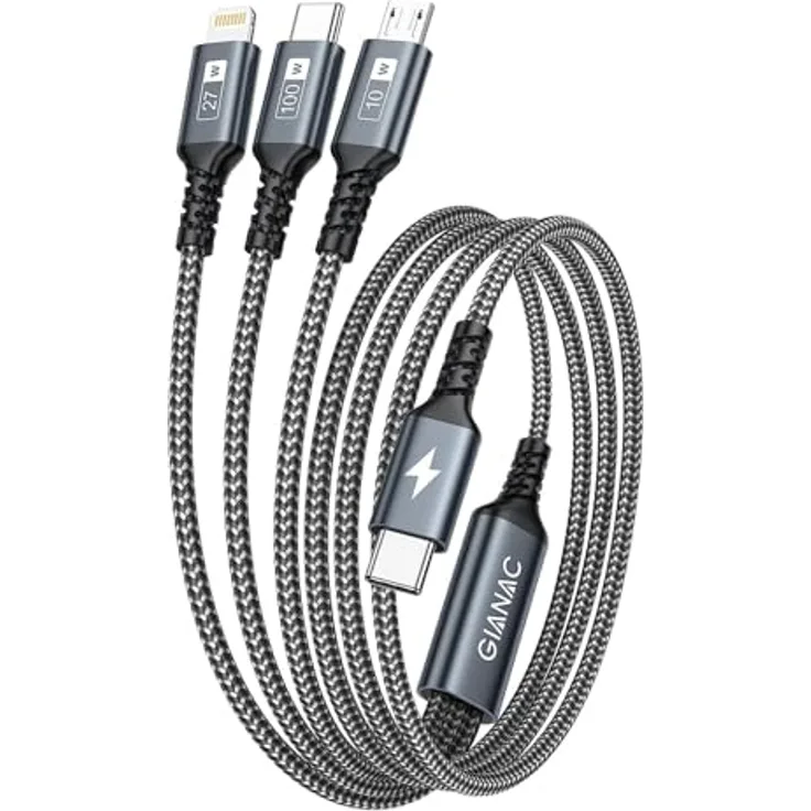 GIANAC 100W USB C auf Multi Kabel [1.2M] 3 in 1 Schnellladekabel mit E-Mark Chip, kompatibel mit iPhone 15, Galaxy S23, MacBook Pro, Micro USB und Lightning Anschlüssen