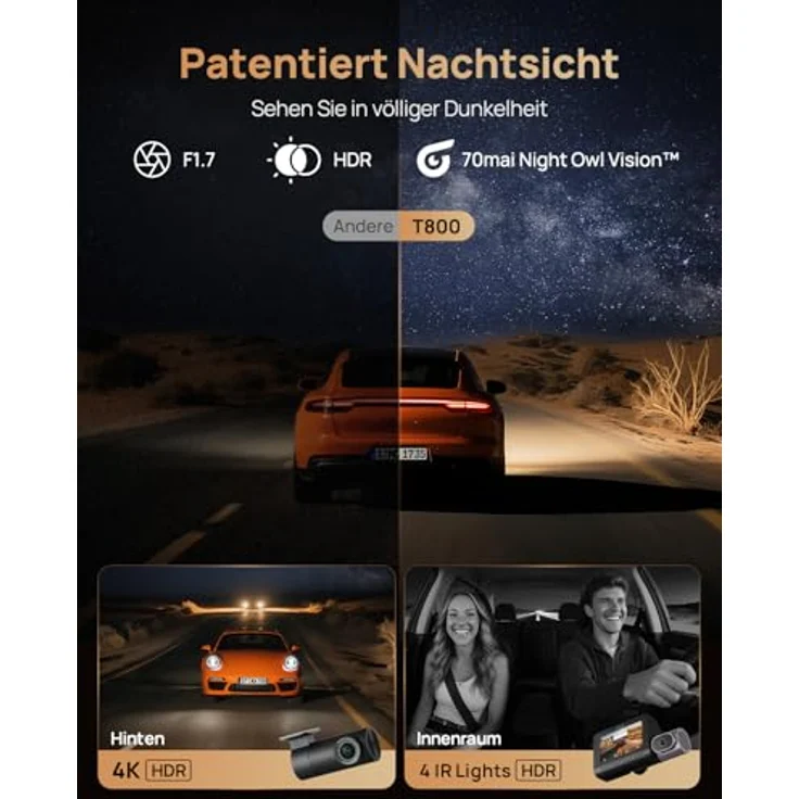 70mai Dashcam 4K T800, Dreikanal-Dual-4K Dashcam mit 512GB SD Karte, HDR, 4G LTE, KI-Bewegungserkennung, IR Nachtsicht, 24/7 Parküberwachung, GPS, WiFi – Bild 4