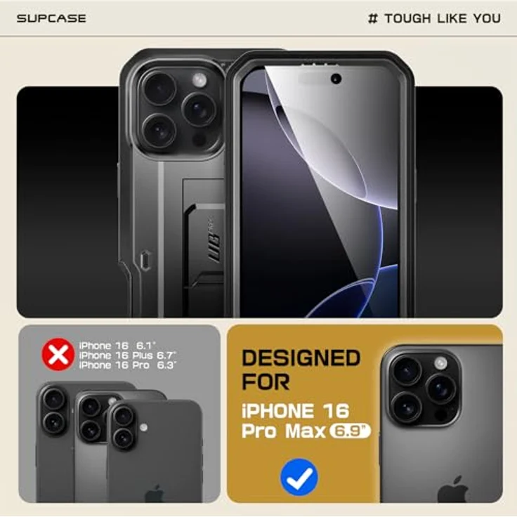 SupCase iPhone 16 Pro Max Hülle [Unicorn Beetle Pro] 6.9 Zoll Schwarz - Outdoor Handyhülle mit 360 Grad Schutz, Displayschutz, Ständer und Gürtelclip – Bild 2