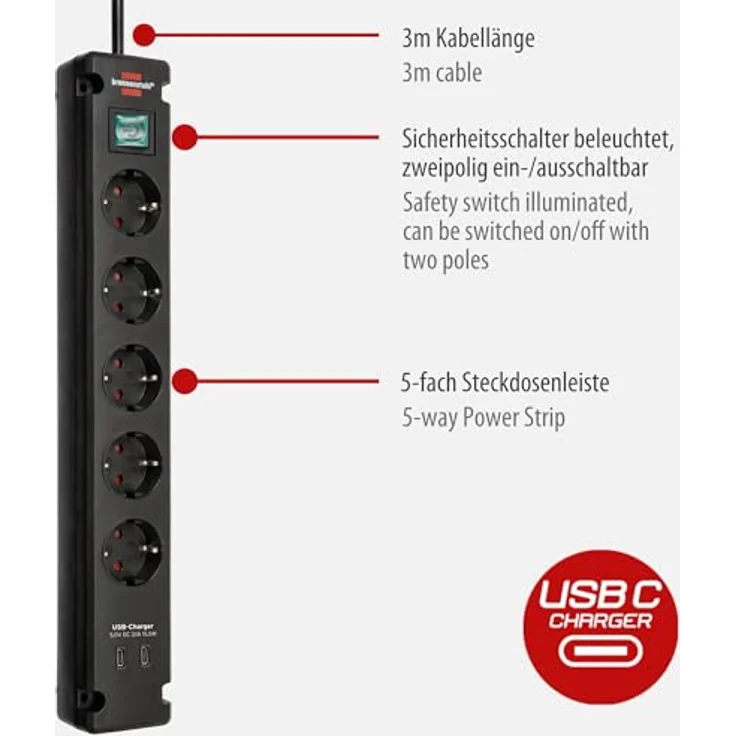 Brennenstuhl Bremounta Steckdosenleiste mit USB-C® Ladefunktion, schwarz, 3m Kabel – Bild 2