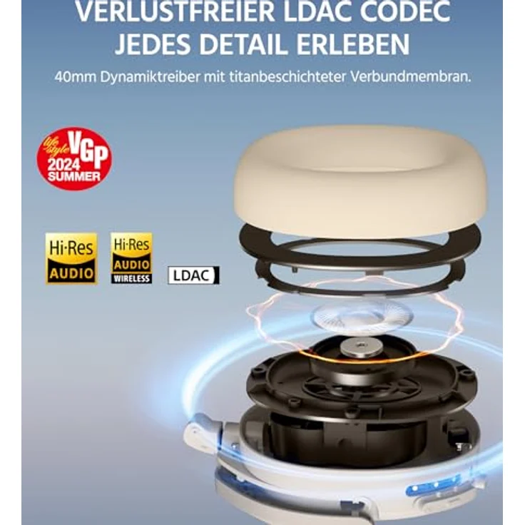 Edifier W830NB, Wireless Over Ear Kopfhörer mit -45dB ANC, 94Std. Akku, LDAC Hi-Res Sound, Spatial Audio, Bluetooth V5.4 - Elfenbein – Bild 2