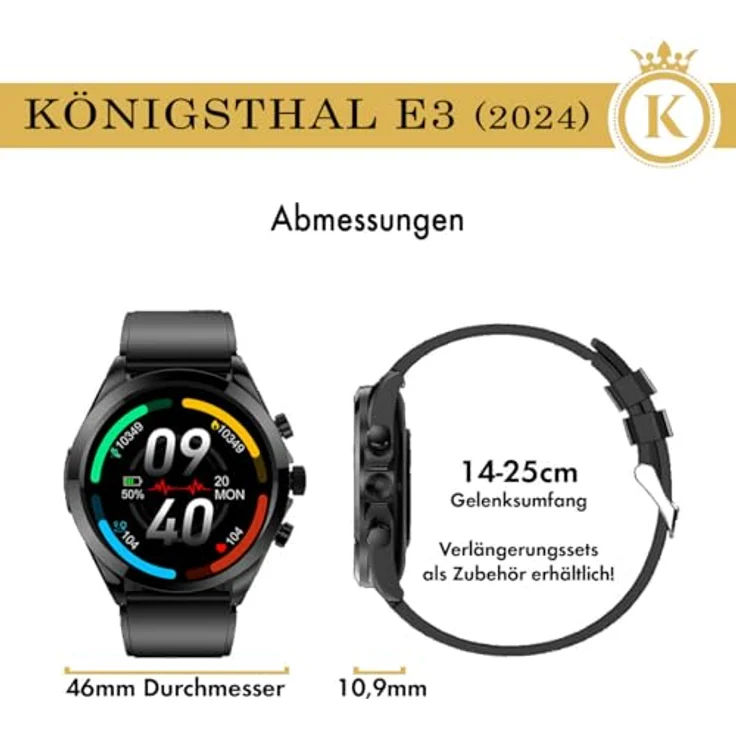 Königsthal E3 (2024) Smartwatch (1,39 Zoll) mit OSRAM Sensoren, EKG, HRV, Schlafapnoe, Blutdruck - Schwarz – Bild 2