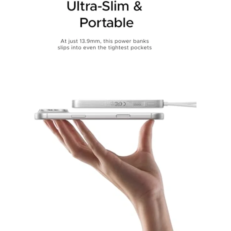 UGREEN MagFlow Air Power Bank, Ultra Slim 10000mAh, 15W MagSafe Powerbank, Qi2-zertifiziert, 30W PD Schnellladung, Integriertes Kabel, Ergonomisches Design, Weiß – Bild 2