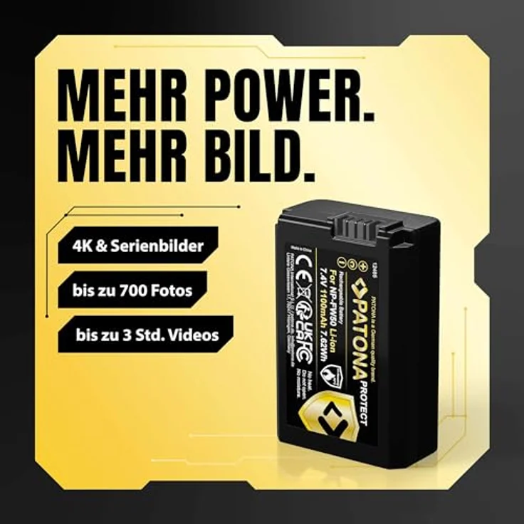 PATONA Protect NP-FW50, 1100mAh Kamera-Akku für Sony Alpha 7, 7R, 7II, 7S, A5000, A6000, A6300, A6400, ZV-E10, mit Überladungsschutz und langer Akkulaufzeit – Bild 2