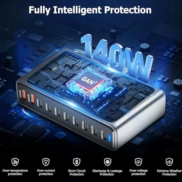 Lizoak 800W USB C Ladegerät, GaN Netzteil mit 10-Port Multi-Geräte Schnellladeleistung, PPS PD 140W, vertikal, kompatibel mit iPhone, MacBook Pro/Air, Galaxy – Bild 5