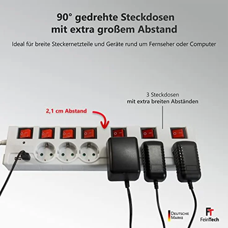 FeinTech Steckdosenleiste einzeln schaltbar mit USB, 6-Fach Mehrfachsteckdosenleiste mit Überspannungsschutz und 3 Steckdosen mit extra breitem Abstand, MD000652 – Bild 4