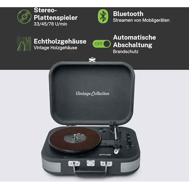 Muse MT-201 Retro Plattenspieler mit Bluetooth, eingebaute Stereo Lautsprecher und USB (RCA-Ausgang, AUX-Eingang, Kopfhöreranschluss), grau – Bild 4