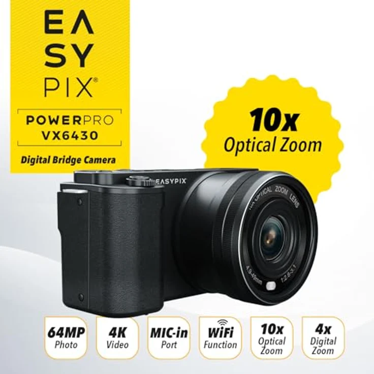 Easypix PowerPro VX6430, Kompakte Systemkamera mit WiFi, 10x Optischer Zoom, bis zu 64 MP Auflösung, 2.8" Display, Mikrofon-Anschluss – Bild 5
