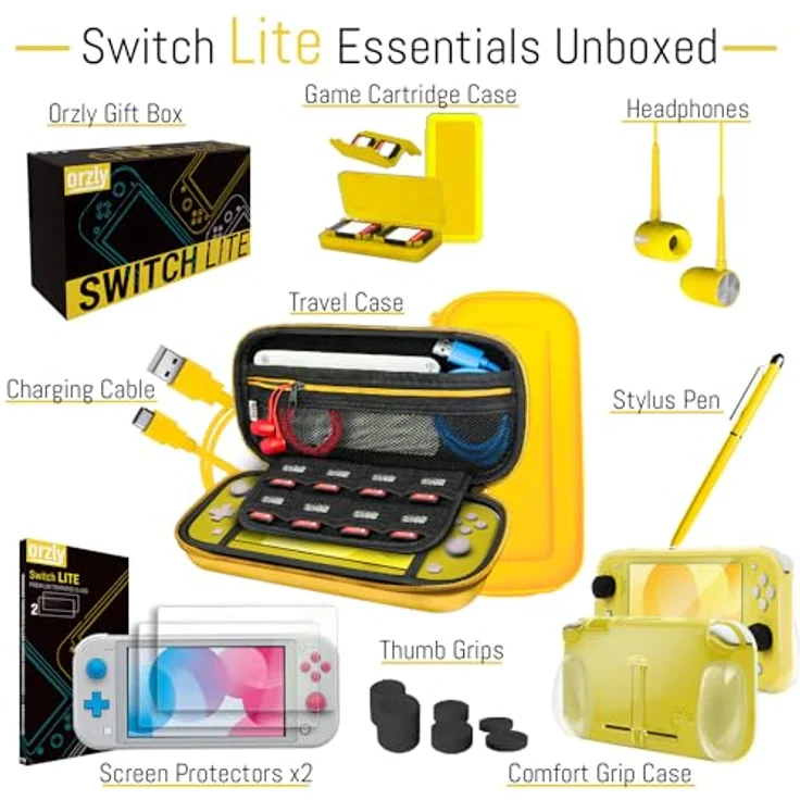 Orzly Switch Lite Accesoires, Zubehör für Nintendo Switch Lite (2019) Panzerglas Schutzfolien, USB Ladekabel, Konsole Tragetasche, Spiele Patronenhülse, Comfort Grip Case, Kopfhörer - Gelb - Preisvergleich – Bild 3