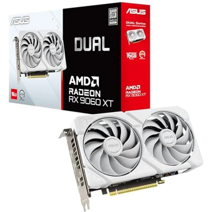 ASUS DUAL-RX9060XT-16G-WHITE, 16GB GDDR6 Grafikkarte mit Axial-Tech-Lüftern, HDMI und DP, weiße Variante – Bild 1