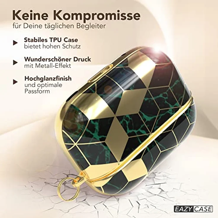 EAZY CASE Schutzhülle für AirPods Pro 2 Hülle Grün Hard Case Stoßfest mit Karabiner Antikratz Etui rutschfest Hardcase für Airpod Pro 2. Generation in Gold Grün Marmor. – Bild 4
