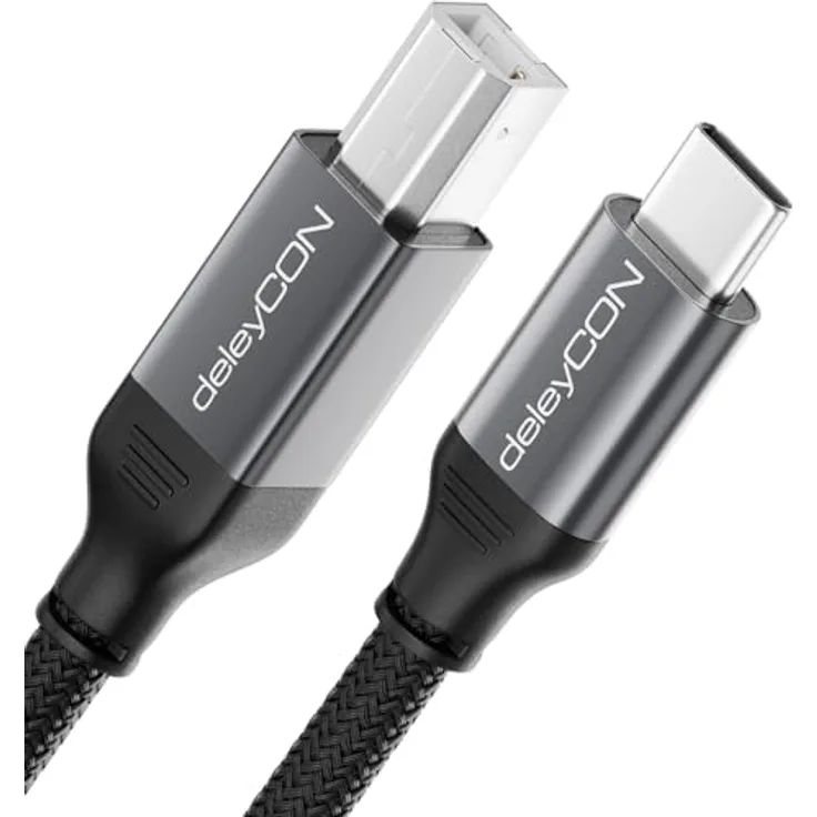 deleyCON 2m USB C Druckerkabel, geflochtenes USB-C auf USB-B Kabel mit Metallsteckern, hohe Haltbarkeit, ideal für Drucker und Scanner, kompatibel mit iPhone, MacBook, HP, Samsung, Canon, Brother
