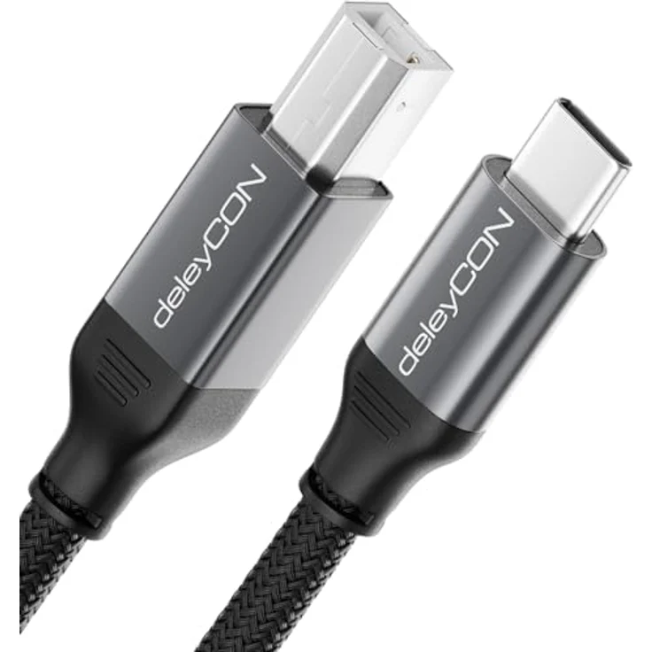 deleyCON 2m USB C Druckerkabel, geflochtenes USB-C auf USB-B Kabel mit Metallsteckern, hohe Haltbarkeit, ideal für Drucker und Scanner, kompatibel mit iPhone, MacBook, HP, Samsung, Canon, Brother – Bild 1