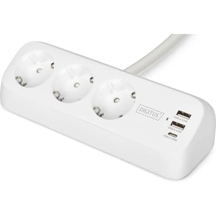 Digitus DA-70626 Tischsteckdose Weiß, 3 Schutzkontakt-Steckdosen mit 3 USB-Ladeanschlüssen und 1,5m Netzzuleitung – Bild 1
