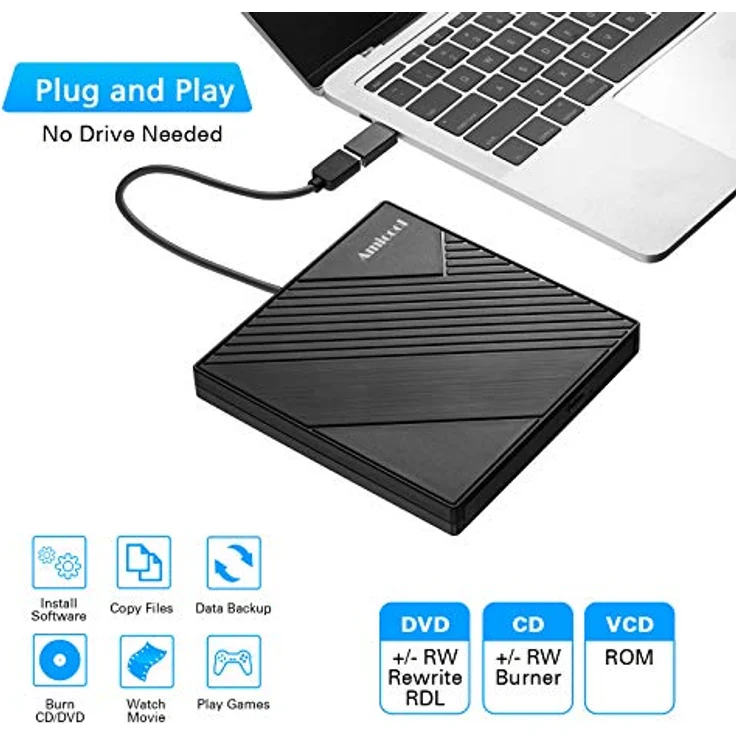 Amicool Externes DVD Laufwerk, USB 3.0 & USB-C, tragbarer DVD Brenner für Laptop, Desktop, MacBook, kompatibel mit Windows 7/8.1/10/11, Linux & Mac OS – Bild 2