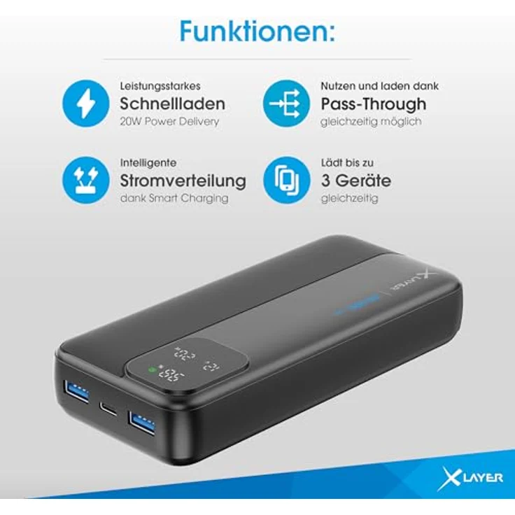 XLayer Rapid Power Bank 20000mAh, universelles Schnellladegerät mit USB C, kompatibel mit iPhone 16/15/14/13/12 Pro Max, Samsung S25/24/23, iPad, Xiaomi, LED Anzeige – Bild 5