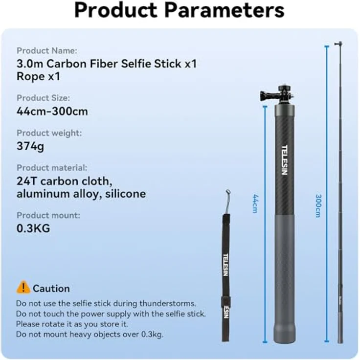 Telesin GP-MNP-300-3, Selfie Stick / Tripod aus Carbonfaser, 3m Höhe, leicht und stabil, kompatibel mit Kameras und Smartphones – Bild 9
