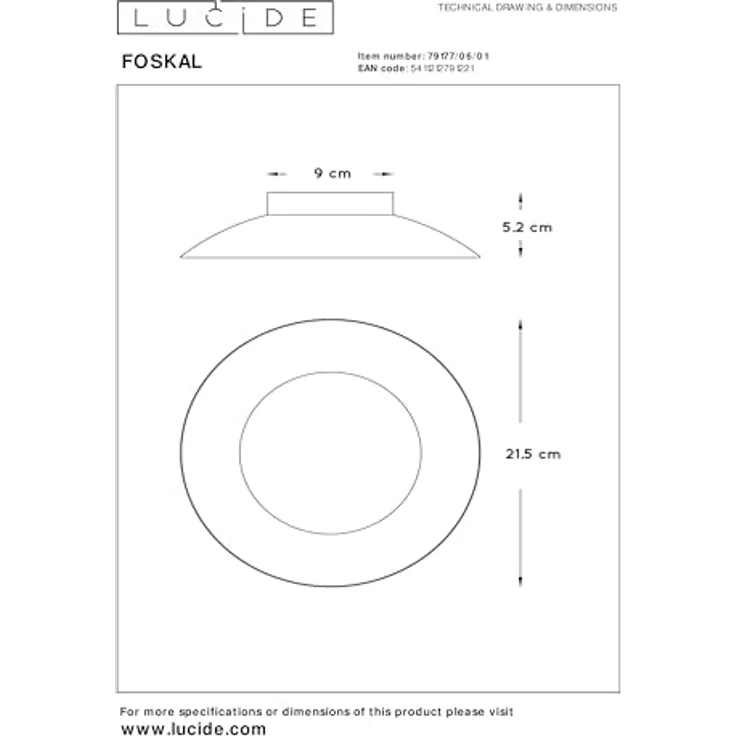 LUCIDE FOSKAL Deckenleuchte Ø 21,5 cm LED 1x6W 2700K Messing – Bild 5