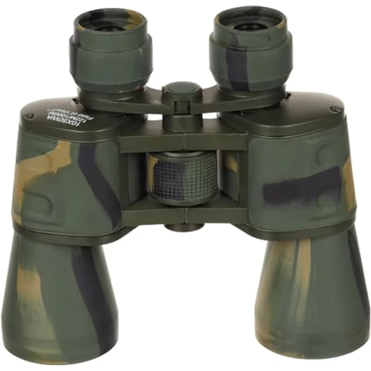 MFH Fernglas, faltbar, 10 x 50 mit Ruby Linse, 122 m Sehfeld, gummiarmiertes Gehäuse (Woodland)