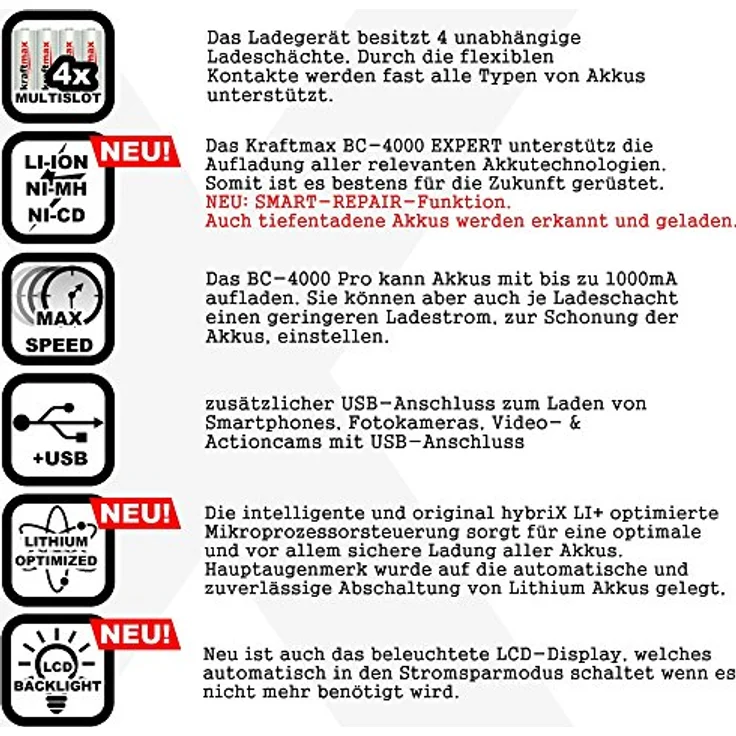 kraftmax BC-4000 EXPERT - Universal Akku Ladegerät SMART Li-Ion Technology und Innenwiderstandsmessung - für Lithium und NiMH Akkus der neuesten Generation optimiert, z.B. 18650 Akkus - Schwarz – Bild 5