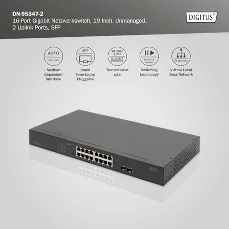 DIGITUS 19-Zoll PoE Netzwerk-Switch, 16-Port Gigabit + 2-Port Gigabit SFP, unmanaged, 250W PoE, VLAN, schwarz – Bild 4