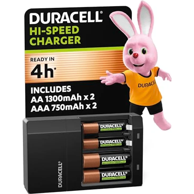 Duracell Ladegerät CEF14, für 2AA und 2AAA wiederaufladbare Batterien, automatische Abschaltung, Ladedauer 4 Stunden