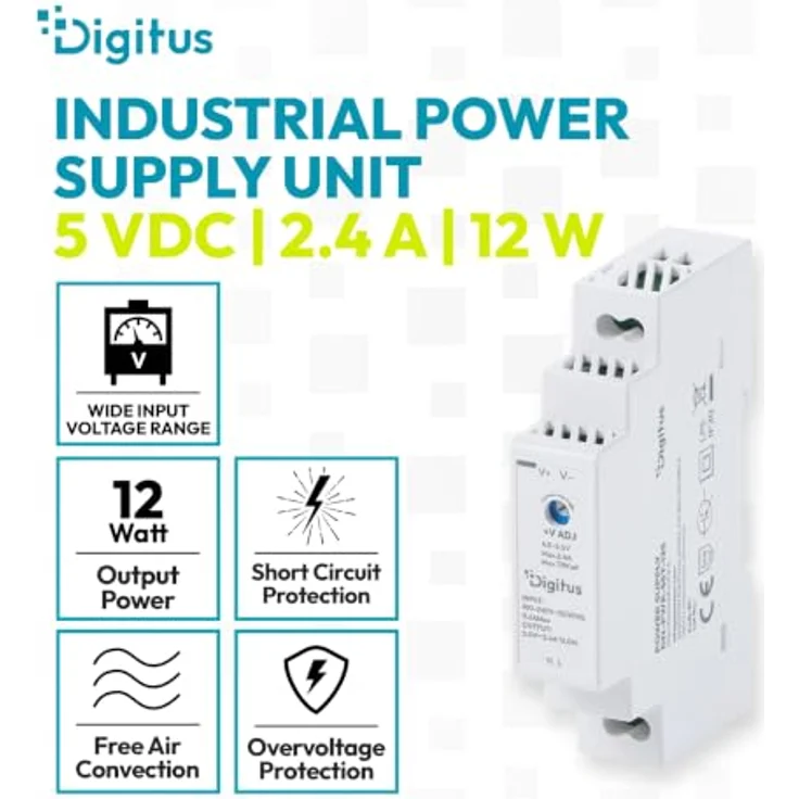 DIGITUS 5V / 2.4A / 12W Step-Shape DIN-Rail Netzteil, ultra-slim, Class II, für Server, Eingang 90 - 264 V, 47/63 Hz – Bild 2